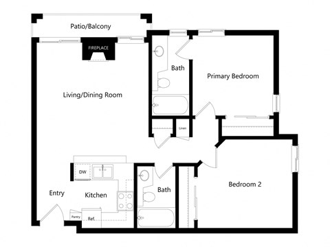 Floor plan for 2 beds, 2 baths, 810 sqft